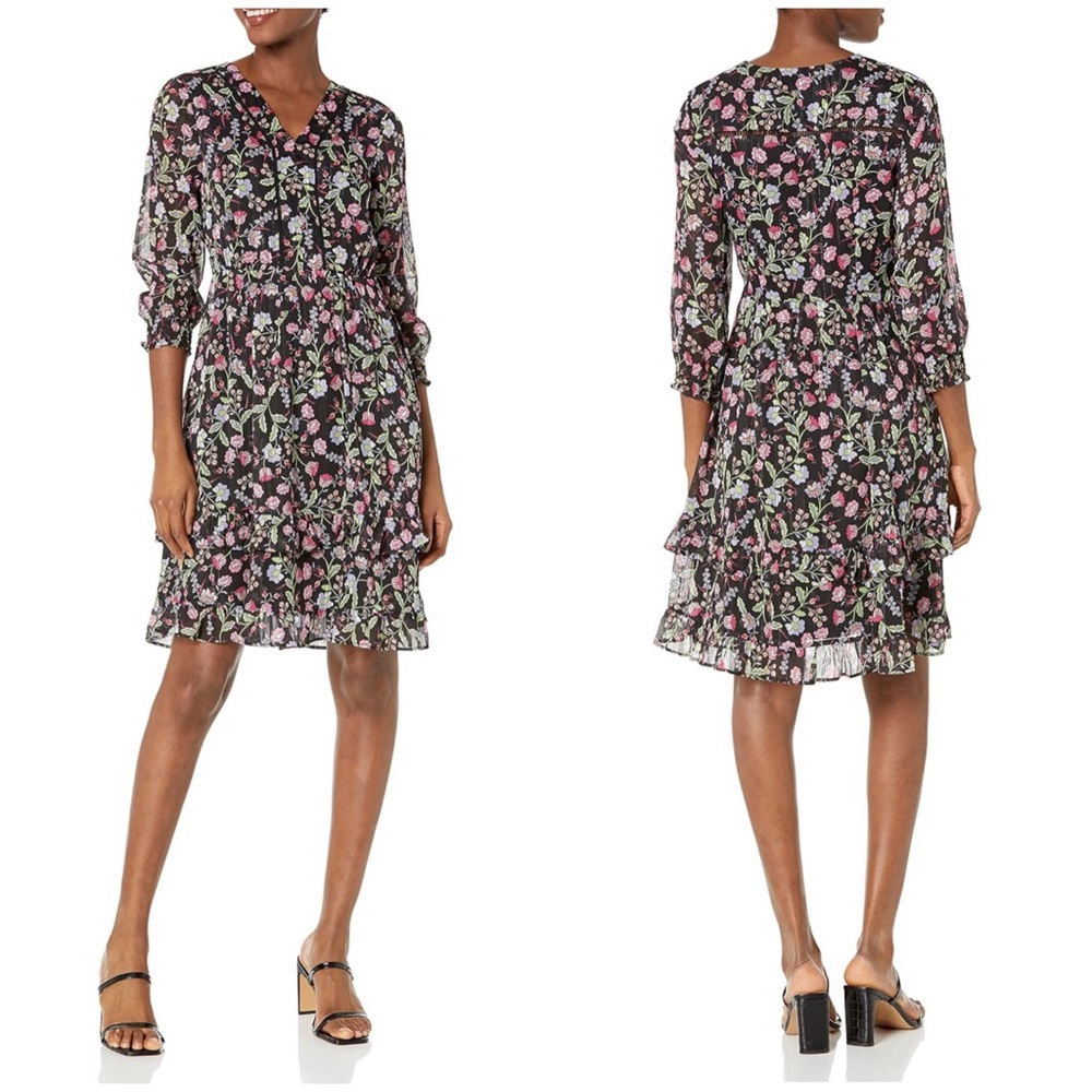 Nanette Lepore Floral Chiffon Ruffle A Line Dress Black Multicolored Size 8